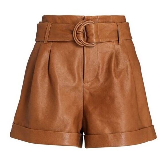 Frame Lambs Leather Pleated Front Belted Paperbag Shorts In Camel Size 28 - Picture 2 of 14